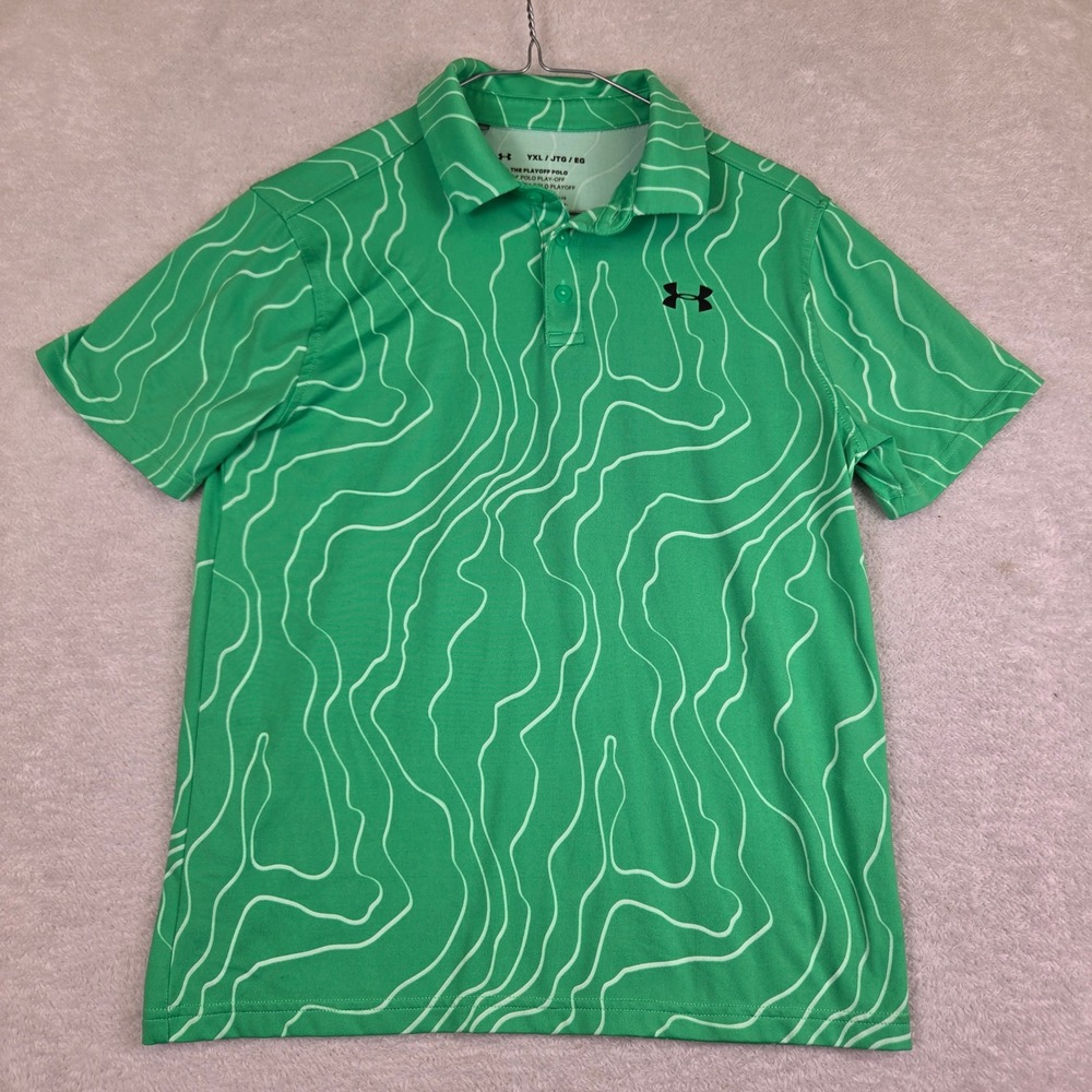 Under Armour Boys Playoff Polo Green Topographic Print Shirt YXL